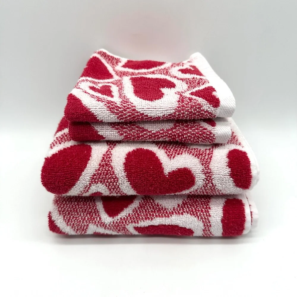 Red & White Hearts 2 Hand Towels 2 Washcloths 100% Cotton Casaba Made In Turkey